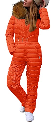 Cicy Bell Womens One Piece Ski Suits Winter Outdoor Sports Jumpsuit Fur Collar Coat Windproof Waterproof Hooded Snowsuit