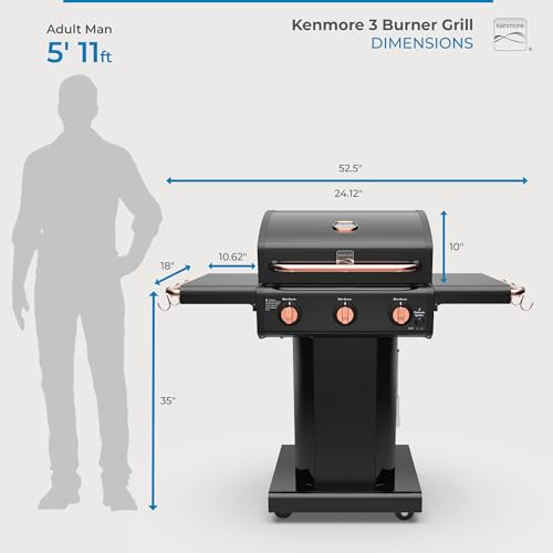 Kenmore 3-Burner Propane BBQ Grill, 30,000 BTUs Gas Grill with Cast Iron Cooking Grates, Folding Side Tables & Wheels, Outdoor Grill with Tool Hooks, Azure Blue