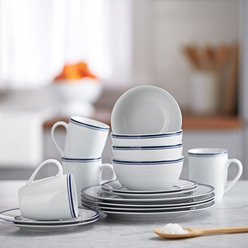 Amazon Basics 16-Piece Cafe Stripe Kitchen Dinnerware Set, Plates, Bowls, Mugs, Service for 4, Blue