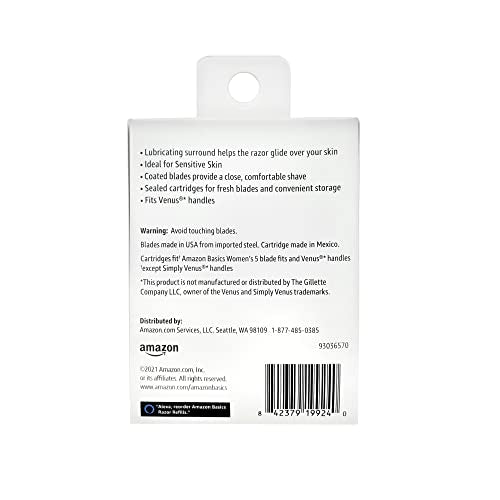 Amazon Basics Women's 5-Blade Razor Refills for Smooth Close Comfortable Shave, Moisturizing, Fits Venus Handles, 6 Cartridges