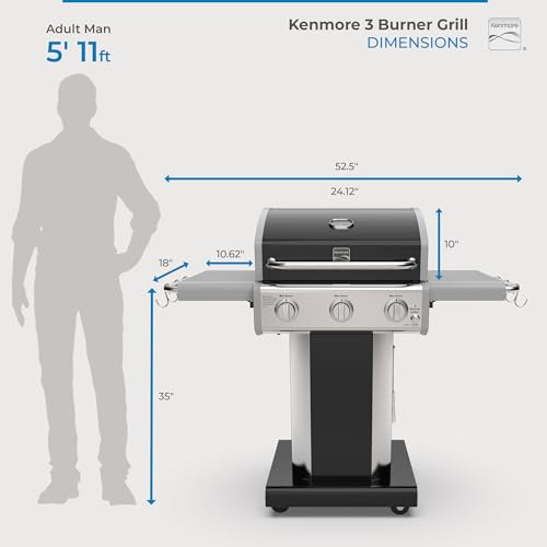 Kenmore 3-Burner Propane BBQ Grill, 30,000 BTUs Gas Grill with Cast Iron Cooking Grates, Folding Side Tables & Wheels, Outdoor Grill with Tool Hooks, Azure Blue