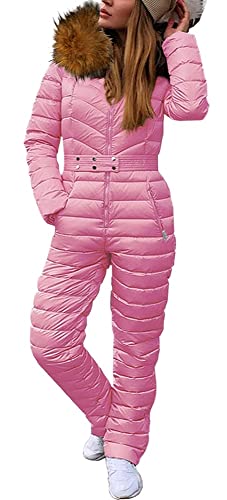 Cicy Bell Womens One Piece Ski Suits Winter Outdoor Sports Jumpsuit Fur Collar Coat Windproof Waterproof Hooded Snowsuit