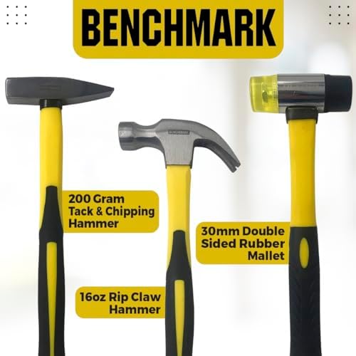 Benchmark - 3 Piece Hammer Set; 16 OZ. Claw Hammer, Tack Hammer; Rubber Mallet (Double SIded); Shock Absorbing Rubber Grips, Durable Fiberglass Handles And Polished Steel Heads