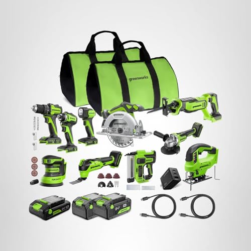Greenworks 24V Brushless 10PC Power Tool Combo, Drill+Impact Driver+Circular Saw+Recip Saw+Jig Saw+Sander+Light+Multi-Tool+Nailer+Grinder (2) 4.0Ah+2.0Ah Batteries (24,000mAh Power Bank) USB-C Charger