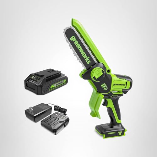 Greenworks 24V 6" Mini Chainsaw Cordless , Small Cordless Handheld Saw, 2.0Ah Battery and Charger Included, for Tree Trimming and Pruning