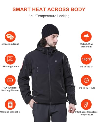 DEWBU Heated Jacket for Men with 12V Battery Pack Winter Outdoor Soft Shell Electric Heating Coat