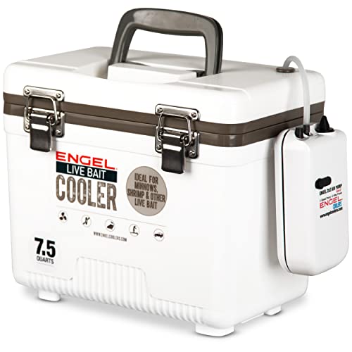 Engel Live Bait Cooler Box with 2nd Gen 2-Speed Aerator Pump - Portable Fishing Station & Minnow Bucket for Shrimp & Other Live Fish with Aerator - ENGLBC-N