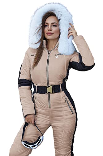 Yousify Womens Winter Onesies Ski Jumpsuits Outdoor Sports Waterproof Snowsuit Removable Fur Collar Coat Jumpsuit