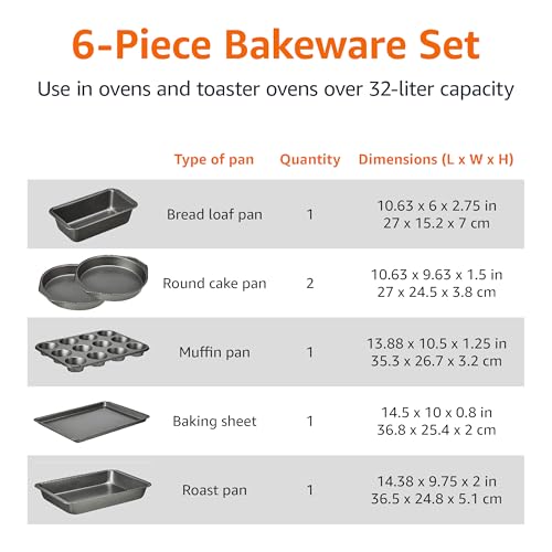 Amazon Basics 6 Piece Nonstick, Carbon Steel Oven Safe Bakeware Set with Cake, Muffin, Cookie, and Loaf Pans, 6 Piece, 16.25 x 11.75 x 6.25 inches