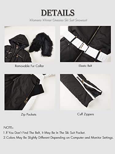 Yousify Womens Winter Onesies Ski Jumpsuits Outdoor Sports Waterproof Snowsuit Removable Fur Collar Coat Jumpsuit