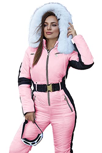 Yousify Womens Winter Onesies Ski Jumpsuits Outdoor Sports Waterproof Snowsuit Removable Fur Collar Coat Jumpsuit