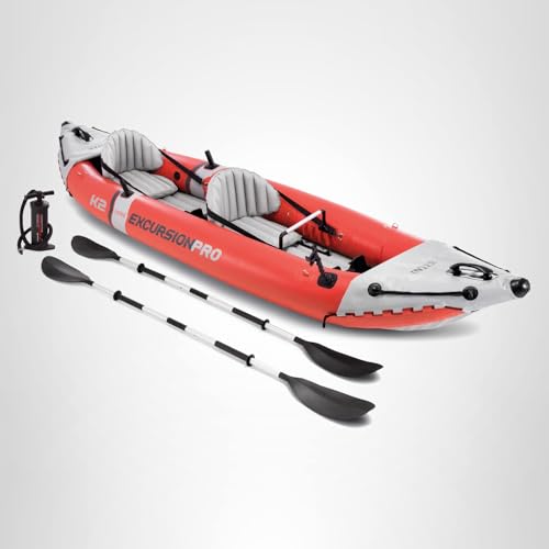 Intex 68309EP Excursion Pro K2 Inflatable Kayak Set: Includes Deluxe 86in Kayak Paddles and High-Output Pump – SuperTough PVC – Adjustable Bucket Seat – 2-Person – 400lb Weight Capacity