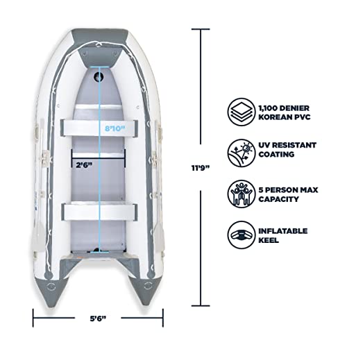 10ft 6in Newport Model Inflatable Dinghy Boat Transom Sport Tender - 5 Person - 15HP USCG Rated, White/Gray