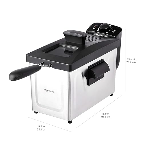 Amazon Basics 3.2-Qt (3.0L) Deep Fryer with 12-Cup Oil Capacity, Adjustable Temperature, Easy Draining Basket, Stainless Steel Exterior, Viewing Window, 1500W, Black & Silver