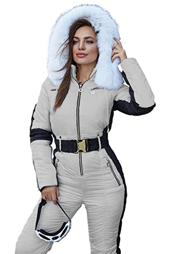 Yousify Womens Winter Onesies Ski Jumpsuits Outdoor Sports Waterproof Snowsuit Removable Fur Collar Coat Jumpsuit