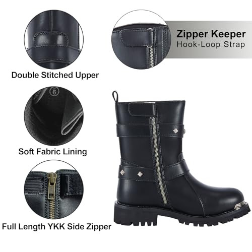 Dream Apparel Women PU Leather Harness Motorcycle Boots for Riding Waterproof Studded Biker Boots with Side Zipper & Buckle, Black Engineer Combat Mid-Calf Footwear