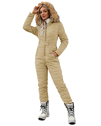 Cicy Bell Womens One Piece Ski Suits Winter Outdoor Sports Jumpsuit Fur Collar Coat Windproof Waterproof Hooded Snowsuit