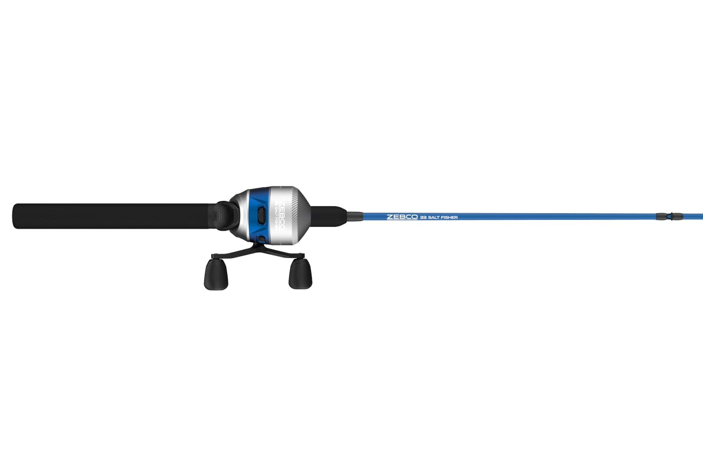 Zebco Salt Fisher 33 Spincast Reel and Fishing Rod Combo, 6-Foot 6-Inch 2-Piece Medium-Heavy Power, Moderate-Fast Action Fiberglass Rod, Interchangeable Retrieve, 12-Pound Line, Blue/Silver