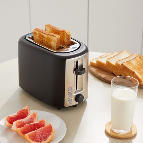 Amazon Basics 2 Slice Toaster, Extra Wide Slots for Bagels, 6 Browning Settings, Removable Crumb Tray, Defrost/Cancel/Bagel Buttons, Cord Wrap, 900W, Black & Silver