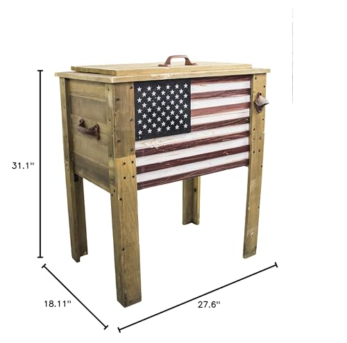 Backyard Expressions Wooden Patio Cooler with Plastic Insulated Liner & Bottle Opener – Rustic Outdoor Ice Chest for Deck, Porch, or Backyard Parties (2025 Flag)