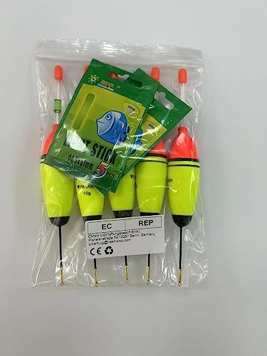 QualyQualy 5Pcs Lighted Fishing Bobbers EVA Foam Fishing Floats and Bobbers + 10Pcs Fishing Glow Sticks, Night Fishing Light Up Bobbers