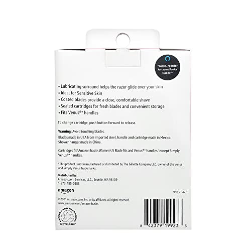Amazon Basics Women's 5-Blade Razor for Smooth, Close Shave, FITS Amazon Basics Handle and Venus Handles, Ideal for Sensitive Skin, Includes 1 Handle, 12 Cartridges & 1 Shower Holder