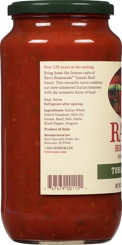 Rao's Homemade Tomato Basil Sauce, 24 oz, Tomato Sauce, All Purpose, Keto Friendly Pasta Sauce, Premium Quality, Tomatoes from Italy and Basil