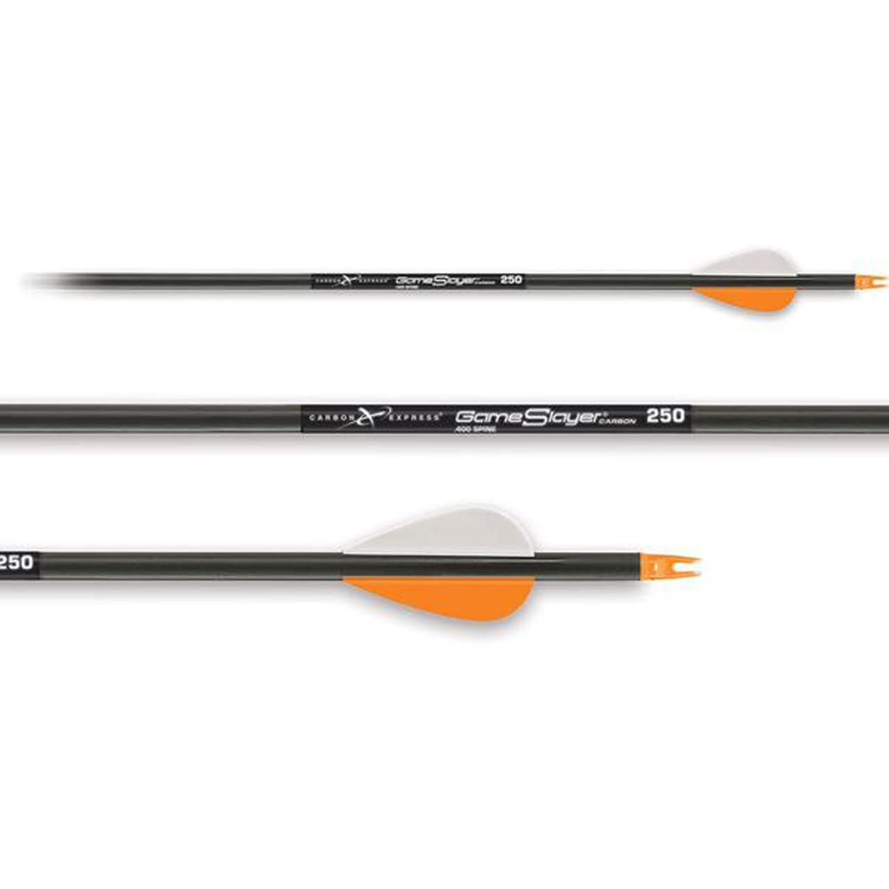 Carbon Express Gameslayer Fletched Carbon Arrows with 2" Nrg Speed Vane, 250 OR 350 Options, Pre-Cut at 30" with Inserts Installed, Black/Orange