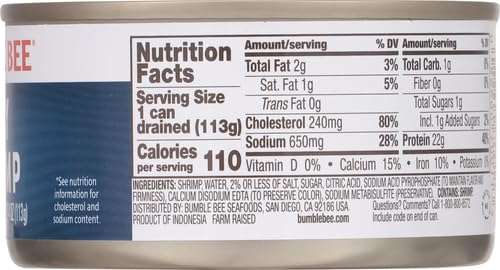 Bumble Bee Tiny Canned Shrimp, 6 oz Can - Shrimp in Water, Cooked, Peeled, Deveined - 22g Protein per Serving - Gluten Free