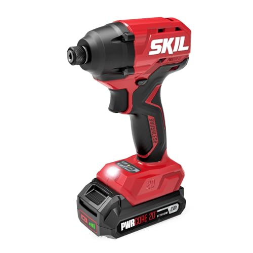 SKIL 20V 4-Tool Combo Kit: 20V Cordless Drill Driver Reciprocating Saw, Circular Saw and Spotlight, Includes Two 2.0Ah PWR CORE Lithium Batteries and One Charger - CB739701,Black, Red