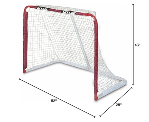 Mylec Steel Junior Hockey Goal for Indoor + Outdoor (52” x 43”), Easy Assembly, Lightweight, Portable, and Net Weave System (Red, 17 Pounds)