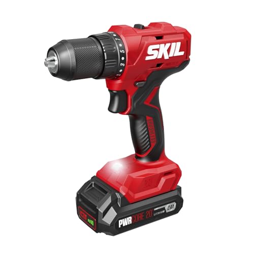 SKIL 20V 4-Tool Combo Kit: 20V Cordless Drill Driver Reciprocating Saw, Circular Saw and Spotlight, Includes Two 2.0Ah PWR CORE Lithium Batteries and One Charger - CB739701,Black, Red