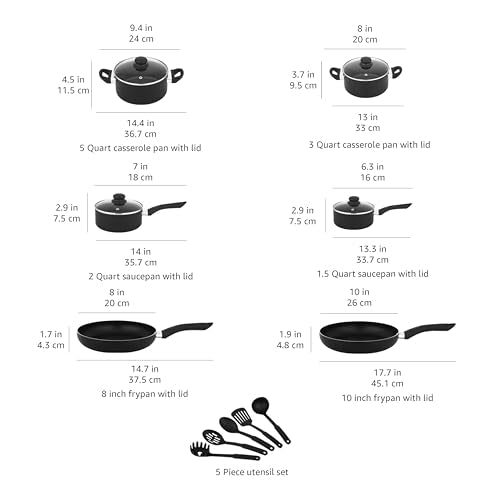 Amazon Basics Non Stick Kitchen Cookware 15-Piece Set, Non-Induction, Includes Pots, Pans, and Utensils, Black