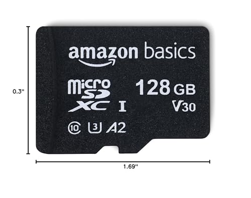 Amazon Basics microSDXC Memory Card with Full Size Adapter, A2, U3, Read Speed up to 100 MB/s, 128GB, Black