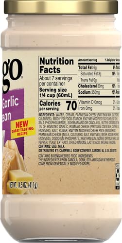 Prego Alfredo Pasta Sauce with Roasted Garlic and Parmesan Cheese, 14.5 oz Jar