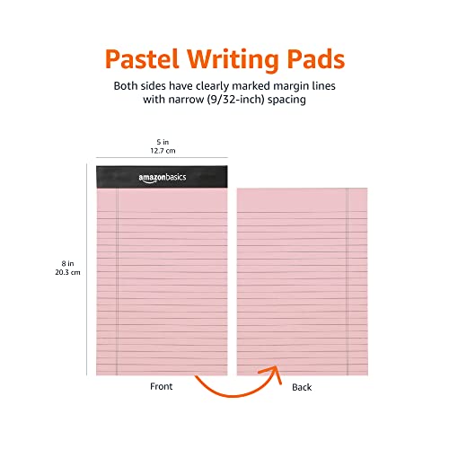 Amazon Basics Narrow Ruled Writing Pads, Perforated, 5" x 8", Multicolor, 6-Pack of 50 Sheets