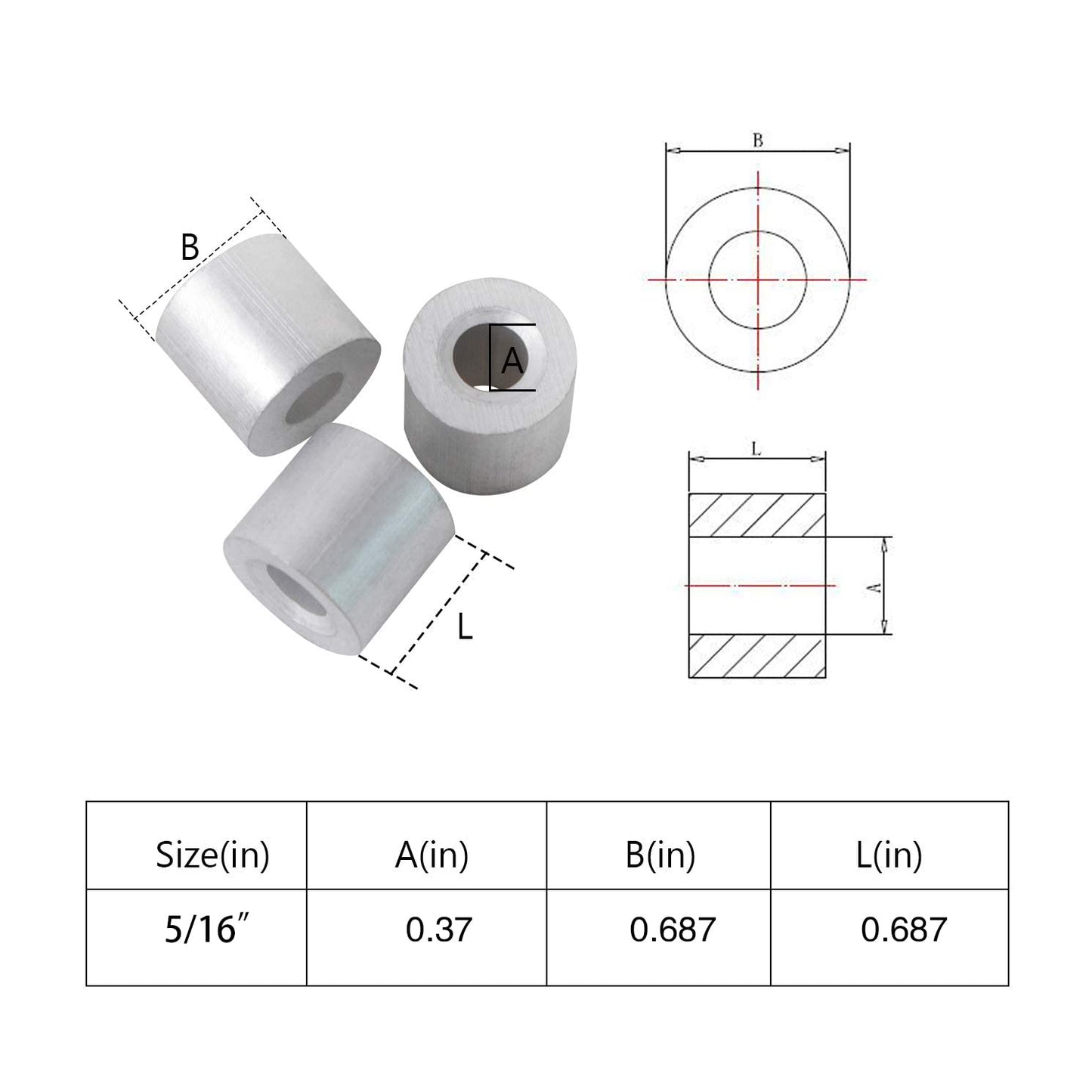 Wire Rope Stop Sleeve, for Wire Rope Dia. 1/16", Aluminum Alloy, PK 100