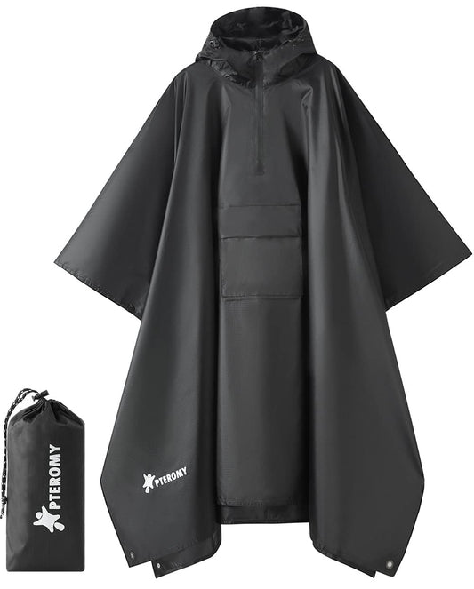 PTEROMY Hooded Rain Poncho for Adult with Pocket, Waterproof Lightweight Unisex Raincoat for Hiking Camping Emergency