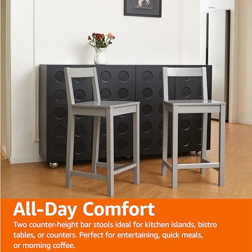Amazon Basics Wooden Bar Stool with Backrest 24", Grey, Set of 2