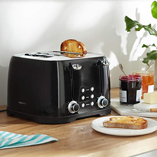 Amazon Basics 4 Slice Toaster, 6 Browning Settings, Removable Crumb Tray, Bagel and Defrost Function, Cancel Button, 1600W, Black