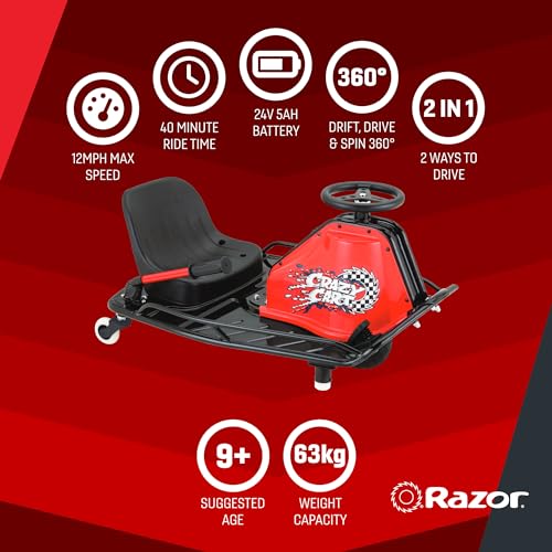 Razor Crazy Cart Sport - 24V Electric Drifting Go Kart, Variable Speed, Up to 12 mph, Up To 40 Minutes of Continuous Use, Drift Bar for Controlled Drifts, Ages 9+