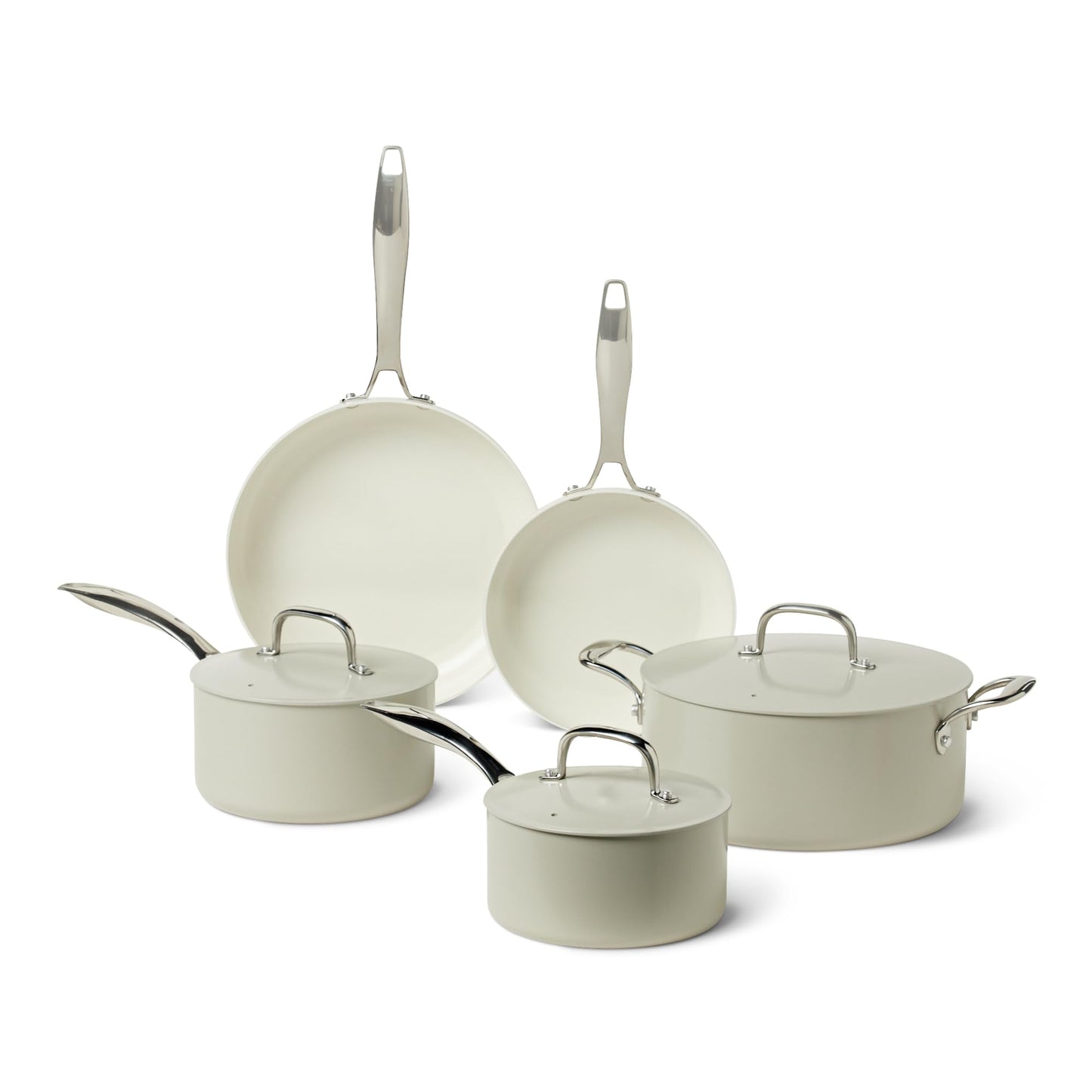 Amazon Basics Ceramic Nonstick Cookware, 8-Piece Set of Pots and Pans, Dishwasher and Oven-Safe, All Cooktop Friendly, Linen Gray