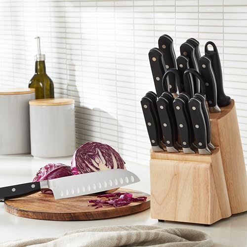 Amazon Basics 18 Pieces Premium High-Carbon Stainless Steel Blades with Pine Wood Knife Block Set,Kitchen, Black