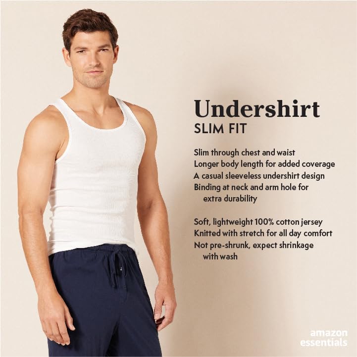 Amazon Essentials Men's Slim Fit Breathable Cotton Tank Undershirts, Pack of 6