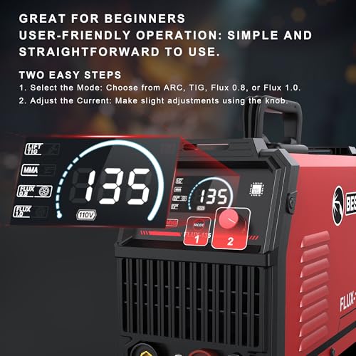 BESTMIG 135A MIG Welder - 3-in-1 Flux Core Welder, MIG/Lift TIG/Stick Welding Machine - Portable IGBT Inverter - 110V with Welding Helmets and Gloves (Red Black, MIG 135A Welder)