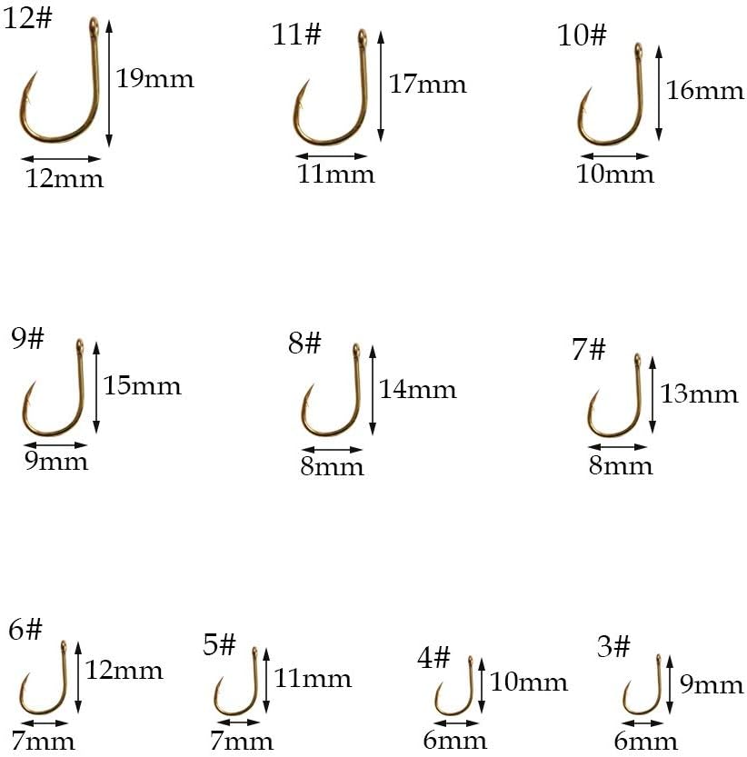 500pcs Small Fishing Hooks Black High Carbon Fishing Hooks Set 10 Sizes with a Plastic Box (500pcs Gold)
