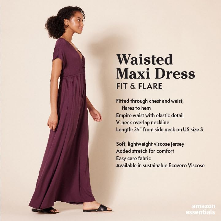 Amazon Essentials Women's V Neck Short Sleeve Waisted Maxi Dress (Available in Plus Size)