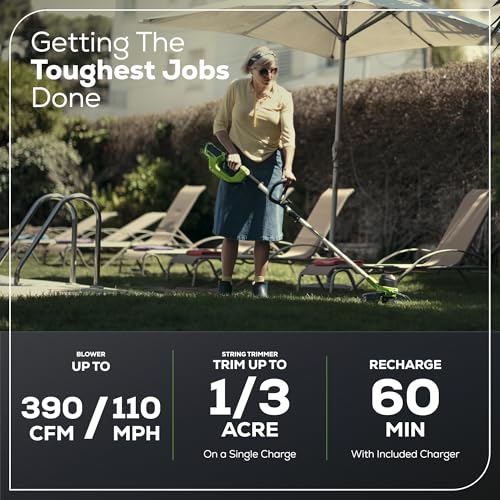 Greenworks 40V Cordless Yard Tool Combo Kit with 2.0Ah Battery & Charger – 12" Auto Feed String Trimmer and 390 CFM Leaf Blower, Lightweight Design