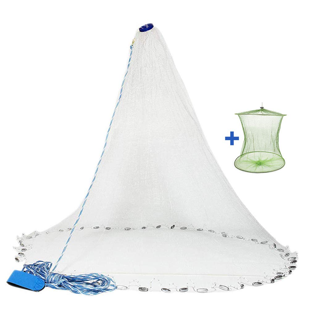Yeahmart American Saltwater Fishing Cast Net for Bait Trap Fish 3ft/4ft/5ft/6ft/7ft/8ft/9ft/10ft Radius Casting Nets with Heavy Duty Real Zinc Sinker Weights, 3/8inch Mesh Size