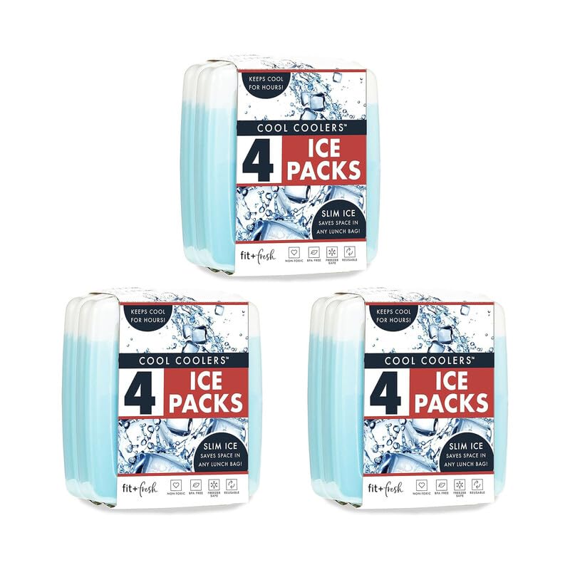Cool Coolers by Fit & Fresh 4 Pack Slim Ice Packs, Quick Freeze Space Saving Reusable Ice Packs for Lunch Boxes or Coolers, Multi Colored